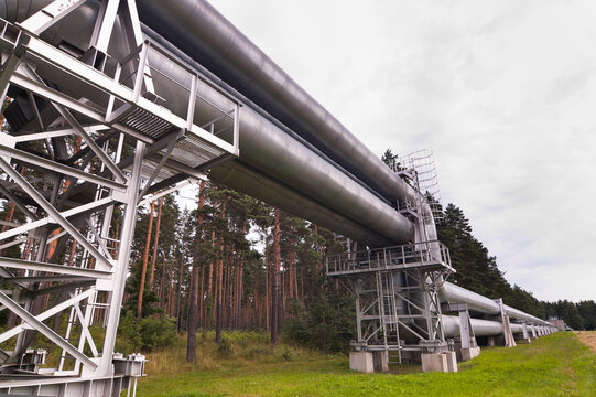 The photo shows a pipeline against the backdrop of a gray sky and forest