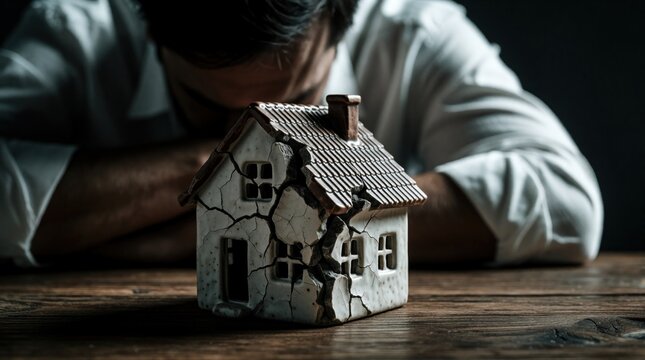 Sad man sits at wooden table looking at broken model house. Cracked miniature home housing crisis, financial loss. Desperate person faces poverty mortgage debt issues. Concept of real estate