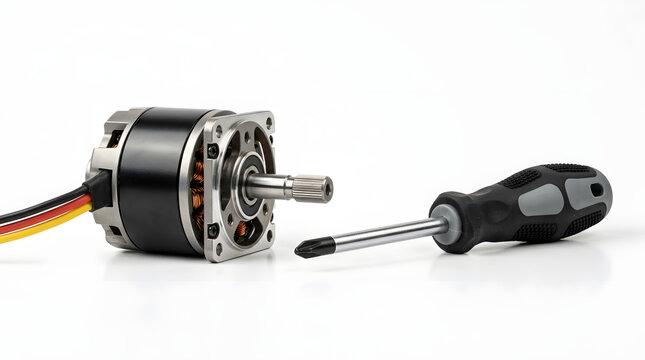 Professional high precision brushless electric motor with a small screwdriver placed neatly on a clean bright white background showcasing modern mechatronics engineering technology hardware and indust