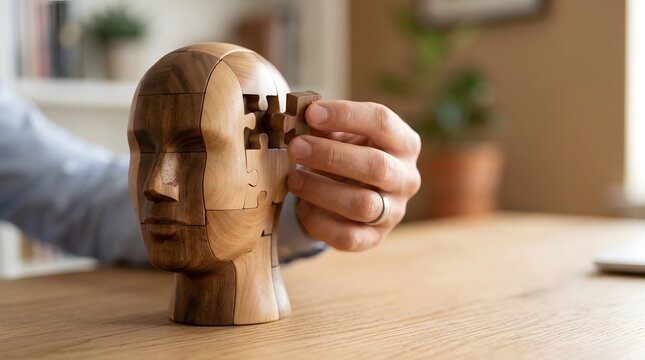 Close up of a person s hand fitting a wooden puzzle piece into a segmented wooden human head model  set on a wooden surface with out of focus indoor decor behind