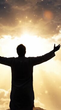 A lone figure stands boldly against a radiant sunset, arms wide open as if embracing the vast beauty of the universe, surrounded by a tapestry of swirling clouds and light.