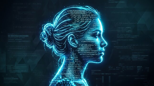 Female profile composed of blue digital code