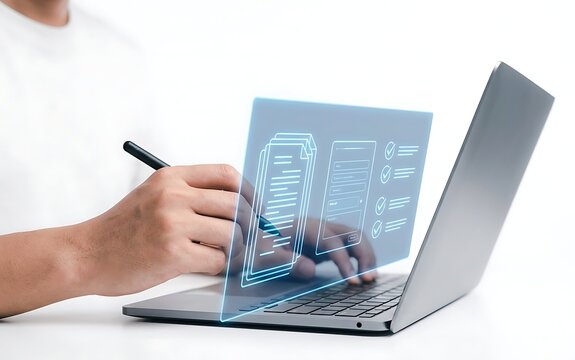 Hands using a stylus on a tablet screen displaying a digital form and checklist for online data entry.