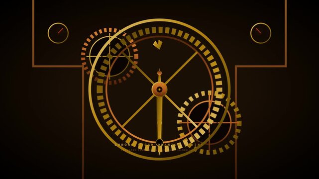 Abstract Golden Mechanical Clock Gear Motion Graphic with Rotating Spokes on Dark Background