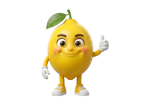 Cute lemon character showing thumbs up, happy fruit mascot illustration, vibrant yellow lemon cartoon mascot isolated on white background