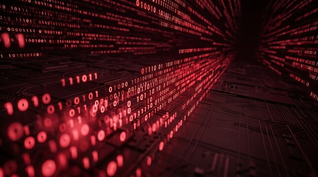 Red binary code flowing through a digital data tunnel