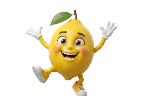 Cute lemon mascot cartoon character, happy yellow citrus fruit mascot isolated on white background, playful summer fruit concept