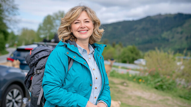 Older woman wearing a bright turquoise raincoat loading a suitcase and backpack into her car at a scenic roadside viewpoint, distant forested mountains and cloudy sky in the background, road trip pr