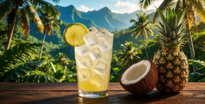 Refreshing tropical cocktail with ice, lime garnish on wooden table. Pineapple, coconut fruit sit near cold drink. Green jungle, high mountains in background. Summer vacation vibes at exotic island