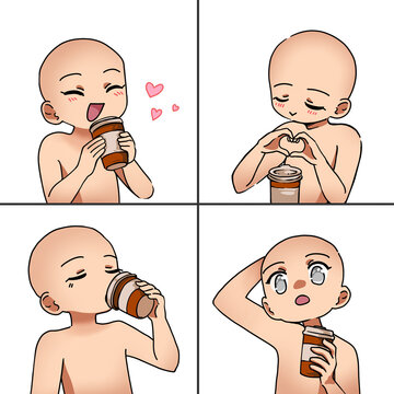 Cute chibi character drawing base template set holding coffee, isolated transparent PNG