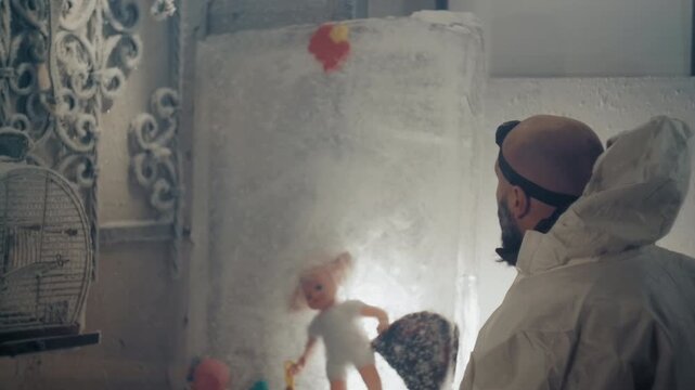 Caucasian researcher in protective suit stands beneath headlamp beam, studies frozen doll and toy cluster embedded in frosted wall, records sample details and emotional context with cautious gestures,