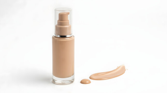 Liquid foundation glass bottle with a pump dispenser accompanied by a smooth swatch of beige makeup cream on a clean white background representing professional beauty and skincare cosmetics