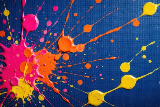 Abstract liquid paint splatters on blue canvas texture. Bright pink, orange, yellow droplets create messy artistic pattern. Colorful acrylic drips flow across surface with energetic motion. Vibrant