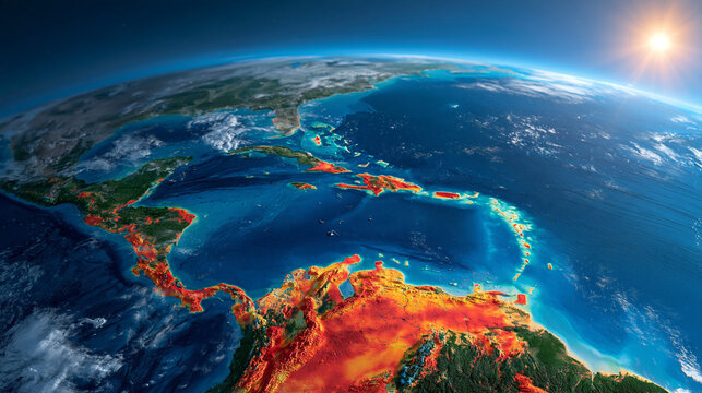Satellite thermal map of the Caribbean region showing temperature variations across Cuba, Hispaniola, Jamaica, Puerto Rico and surrounding islands, realistic ocean and island geography, scientific E