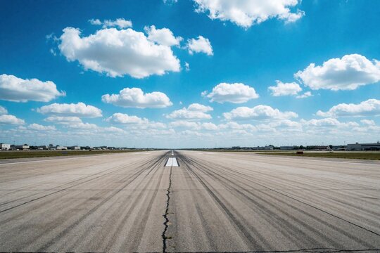 Empty airport runway with long asphalt tarmac stretches toward horizon under blue sky. White clouds float above vacant airstrip. No planes people present at aerodrome. Quiet aviation facility for