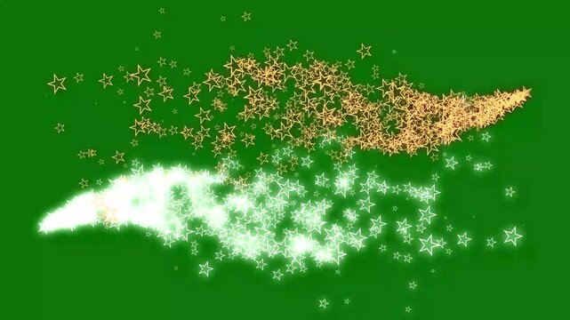 Golden and white glitter stars flying across animated twinkle particles, glowing fairy dust trails, cartoon sparkle doodles and radiant 2D light effects deep green screen background, 4K