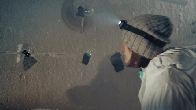 Explorer in icy corridor inspects dangling tags with headlamp beam illuminating knit hat and frostcovered wall, nostalgic mood and cautious slow approach toward relics and paper fragments.