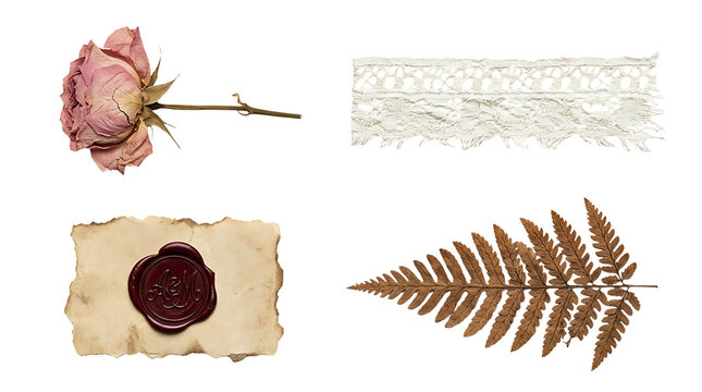 Vintage dried rose, wax seal, fern, and lace elements for autumn seasonal or heritage-themed designs