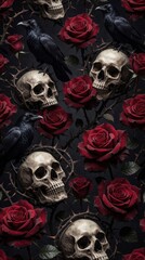 Obraz premium Dark gothic seamless pattern with red roses, human skulls, black ravens. Thorny vines weave through skulls, flowers on dark background. Moody floral design for halloween, memento mori concept macabre