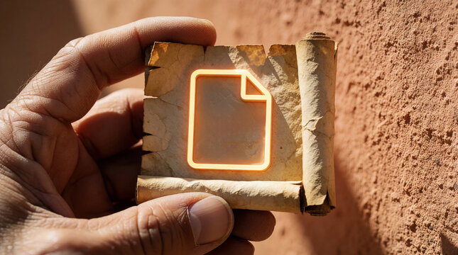 Hand holds ancient paper scroll with glowing digital file icon. Concept of digital archive, old document. Old paper texture with modern neon symbol. Data storage, information technology. Webmaster