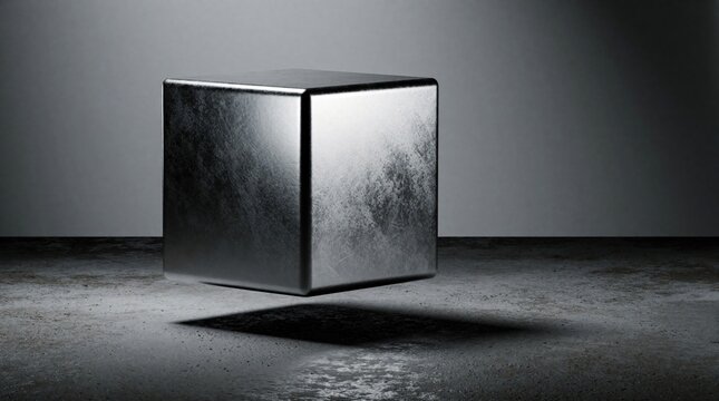 Floating metallic cube above concrete floor. Silver geometric shape with shiny surface, sharp edges. Minimalist 3D render with dramatic lighting, dark shadow. Abstract modern concept background.