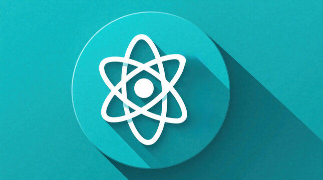Modern atom symbol icon on turquoise circular background with long shadow. White atomic structure represents physics science, tech concept. Minimalist graphic design for education research laboratory