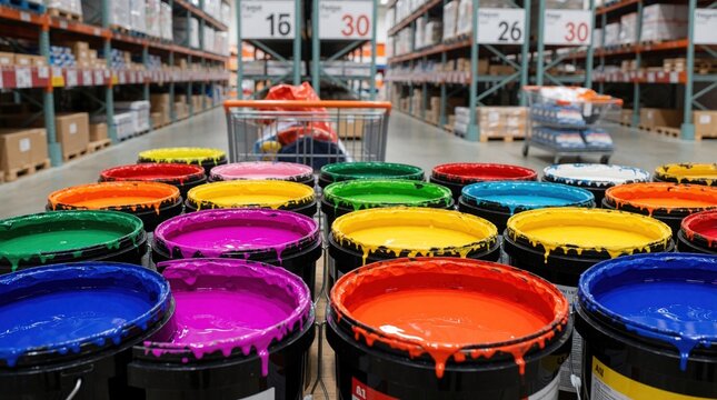 Colorful paint buckets with wet drips on rims sit in hardware store aisle. Bright liquid paint fills open containers in rows. Customer with shopping cart prepares for home renovation DIY project in
