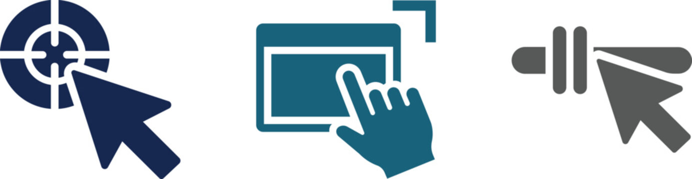UI cursor vector icon set for crosshair target, window expand, and slider adjustment controls