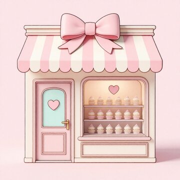 Cute pastel pink bakery shop exterior with striped awning, large ribbon bow on roof. Window display shows shelves full of frosted cupcakes, heart decorations. Door features glass pane with heart