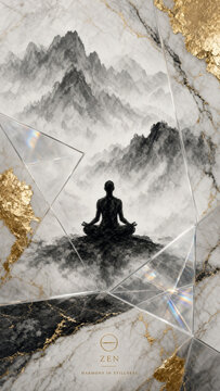 Zen meditation in misty mountains with golden kintsugi ink wash painting style