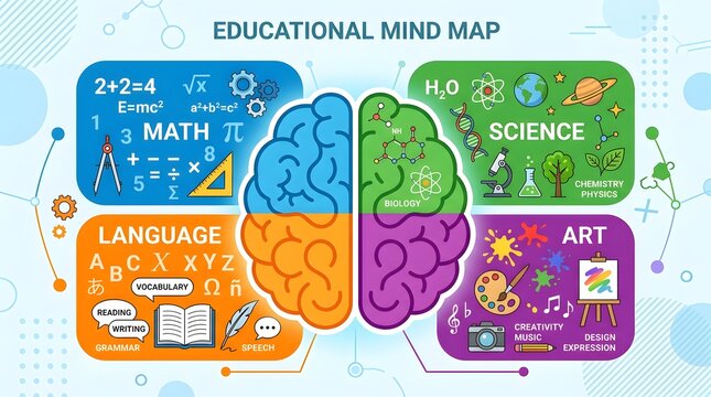 Educational Mind Map Brain Visualization Showcasing Math Language Science Art Concepts Colorful Vector Illustration