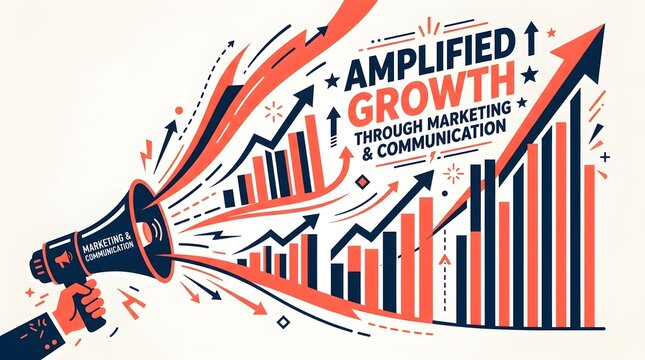 Vector illustration marketing growth concept amplified by communication with upward arrows and megaphone