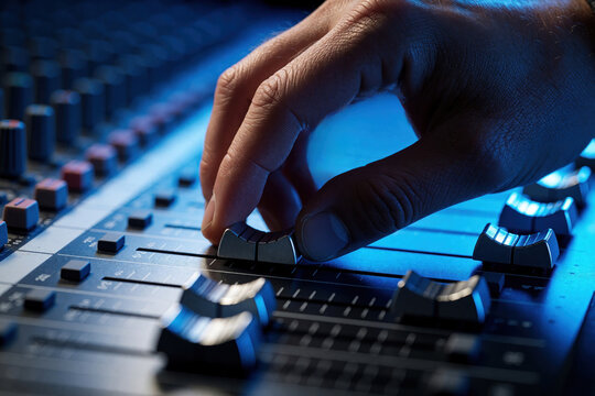 Close up of male hand adjusting fader on pro audio mixer console. Sound engineer dj works in music studio using soundboard equipment. Control volume levels, audio equalization for music production