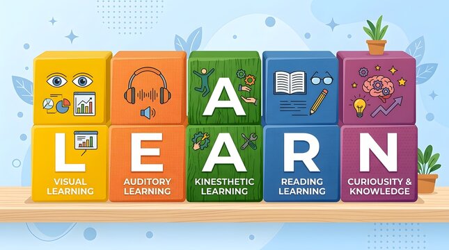 Colorful learn blocks with visual auditory kinesthetic reading curiosity icons for educational design