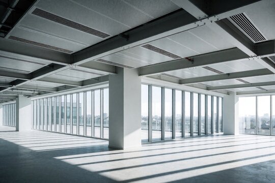 Modern empty office space with large floor to ceiling windows. Industrial style interior features steel beams, metal ceiling systems, white pillars. Bright sunlight creates long shadows on concrete