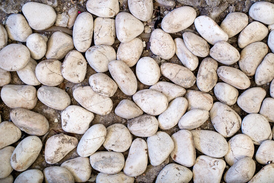 Top view of smooth white pebble stones background texture for garden landscape