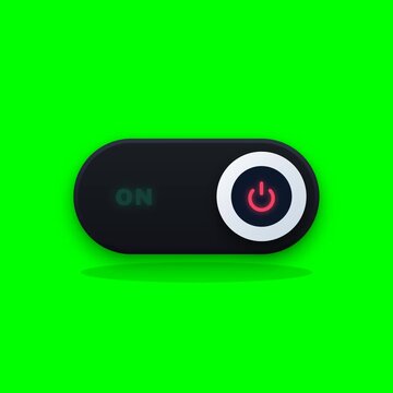 A digital power switch icon is centered against a vibrant green background.