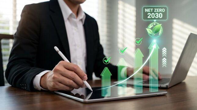 esg compliance and renewable energy transition tracking system. sustainable development goal forecasting interface. business professional reviewing eco growth metrics and decarbonization targets.