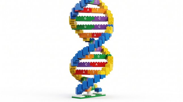 Colorful plastic building blocks assembled into a DNA double helix.