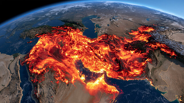 Satellite thermal map of the Middle East showing temperature patterns across Iran, Iraq, Syria, Jordan, Turkey and neighboring regions, realistic terrain contours and geographic outlines, scientific