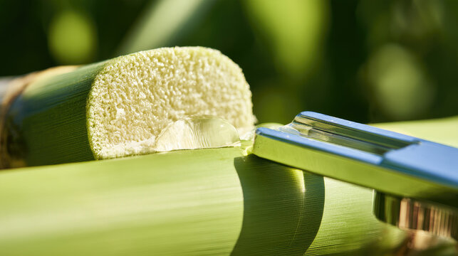 Fresh green sugarcane stalk slice beside stainless steel refractometer in bright natural morning light with sharp macro detail and agricultural testing context