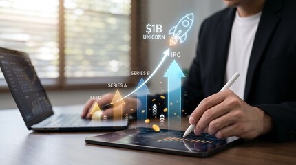 startup unicorn valuation growth and venture capital funding stages interface. seed to ipo investment trajectory dashboard. investor tracking company valuation milestones with stylus on tablet. © Studio KN