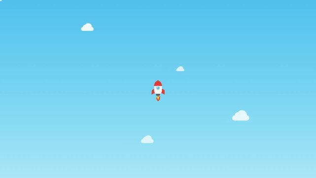 Pixel art rocket ship flying upwards through clouds in blue sky