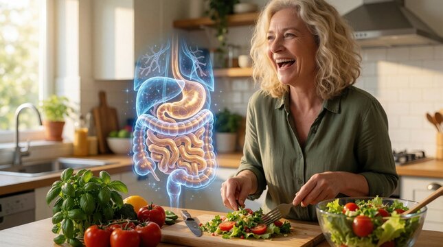 Happy mature woman prepares fresh salad in kitchen. Glowing digital human digestive system overlay shows gut health connection. Senior female enjoys healthy eating, mindful nutrition for wellness.