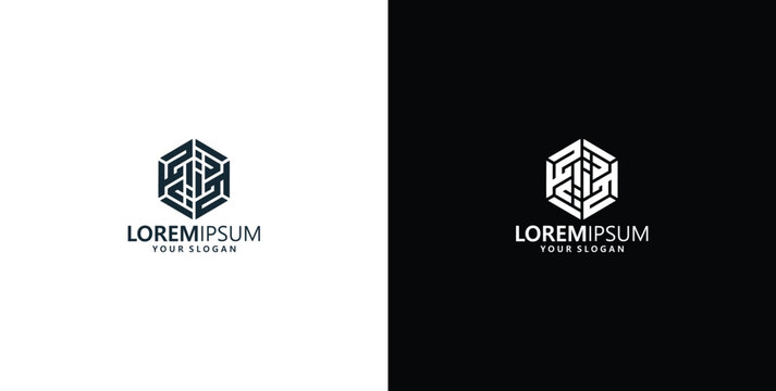 Hexagon letter maze labyrinth logo design concept featuring geometric lines for modern business branding