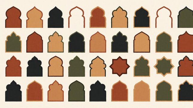 Islamic arch, geometric shape collection in earthy tones. Terracotta, dark brown, olive green graphic elements. Modern design background with Moroccan patterns, Arabic motifs. Illustration for