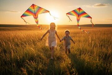 Fototapeta premium Happy sister, brother run through golden grass field at sunset. Little caucasian kids play with colorful kites in summer meadow. Joyful childhood moments with family fun under warm sun. Siblings