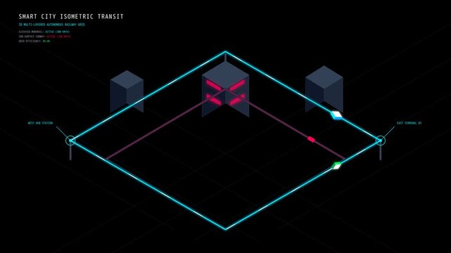 Smart City Isometric Transit System Animation Featuring Automated Vehicles Moving Along Digital Lines