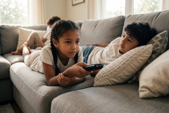 Two diverse kids lie on grey sofa in bright living room. Girl holds black remote control. Boy rests head on pillow. Watch television together. Siblings relax at home. Children enjoy leisure time