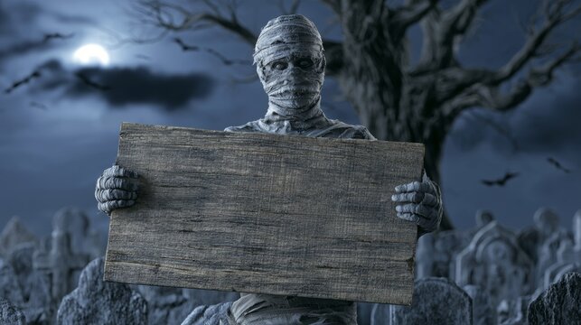 Mummy holding an empty wooden sign in a cemetery at night with the moon.